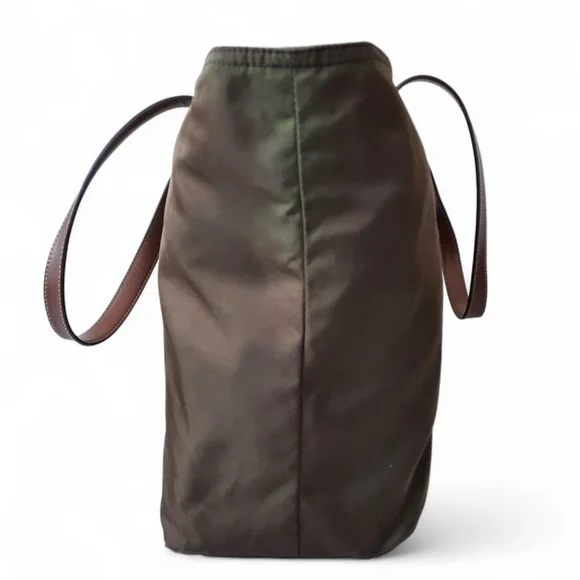 PRADA Vela Saffiano Leather Tessuto Tote Zip Green Enamel Triangle Logo Tan Bag